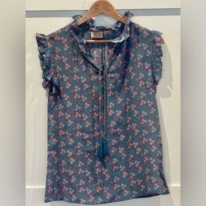 Rungolee Women's Silk Ruffle V-Neck Floral Blouse XS Pink Turquoise
